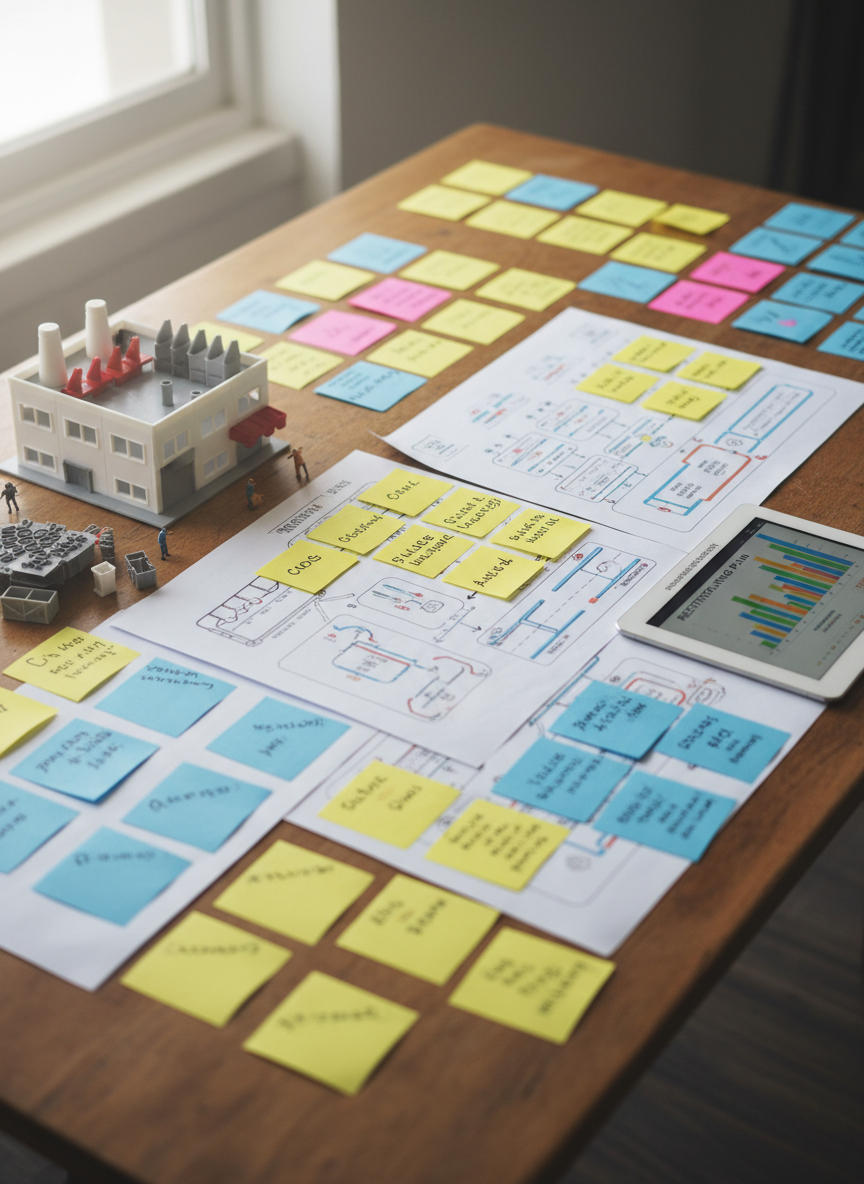 A close-up, overhead photographic view of a transformation workshop table in a small-business setting, covered with sticky notes in structured clusters, printed process-mapping diagrams, and a tablet showing a Gantt chart of a restructuring plan. A scale model of a small factory with removable modular pieces sits to one side, suggesting operational reconfiguration. Diffused overcast light from a nearby window softens the scene, minimizing harsh shadows and emphasizing textures of paper and matte plastic models. The composition uses asymmetrical balance, focusing attention on the central cluster labeled as the core strategy area (without readable text), with the edges gently falling out of focus. The atmosphere is analytical yet hopeful, highlighting hands-on, pragmatic consulting work for SMEs in transition.