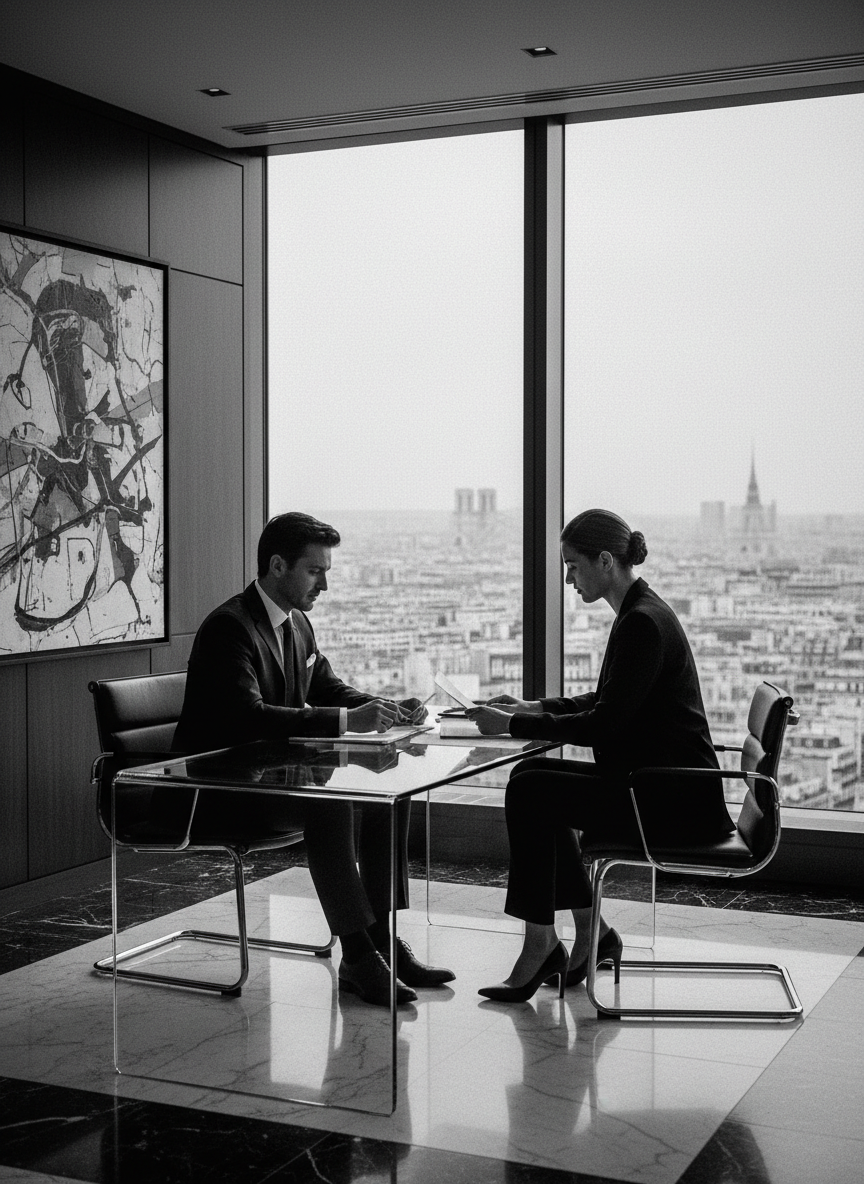 Deux professionnels en costume dans un bureau exécutif moderne avec vue sur la ville, photographie noir et blanc haut de gamme
