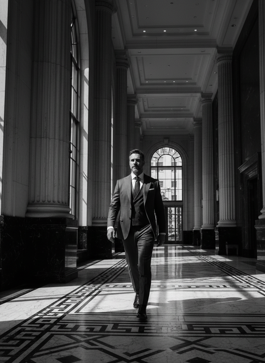 Dirigeant en costume traversant le hall d'un immeuble de prestige, photographie noir et blanc cinématique