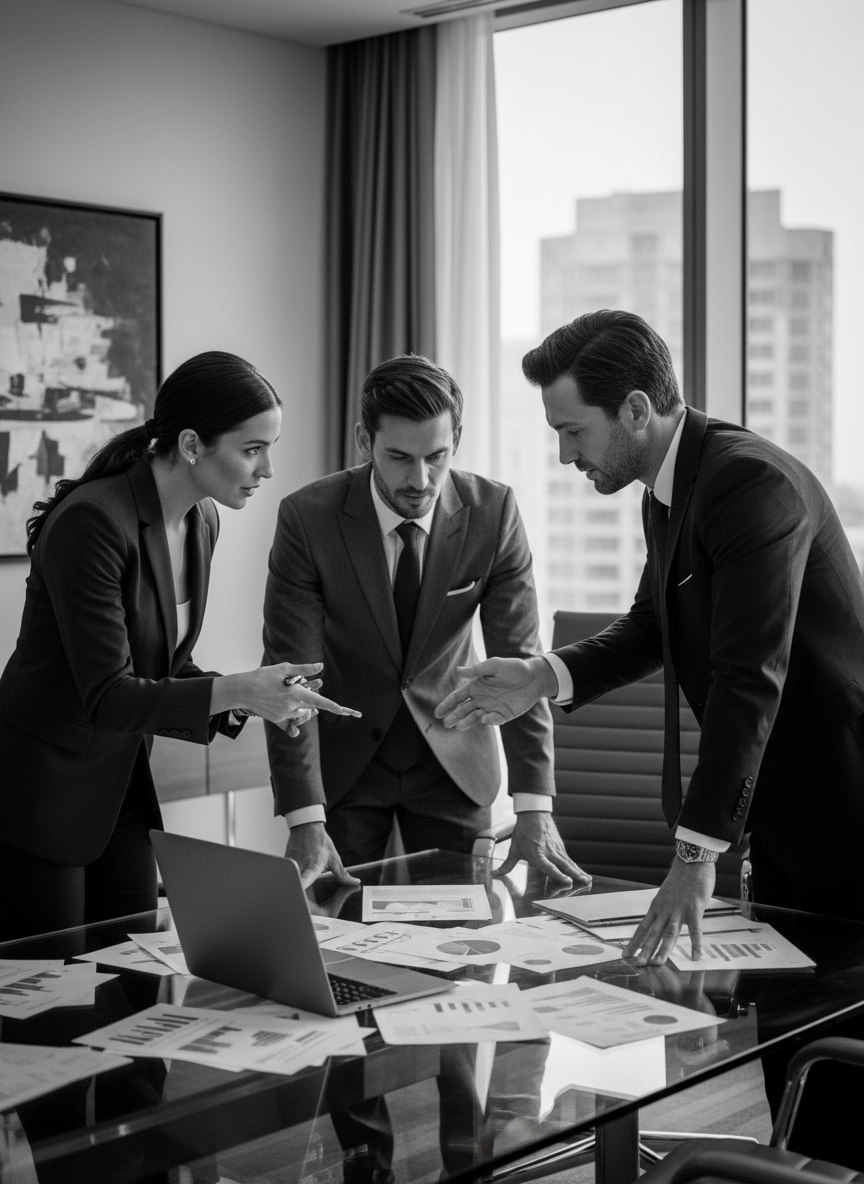 Three high-level executives in a dynamic business meeting, luxury boardroom, one woman and two men in elegant tailored suits, leaning forward over a glass table with documents and a laptop, engaged in intense strategic discussion, sense of action and momentum, cinematic black and white photography, high contrast, dramatic side lighting, shallow depth of field, editorial quality, top-tier corporate atmosphere, authentic human connection, no generic stock photo feel